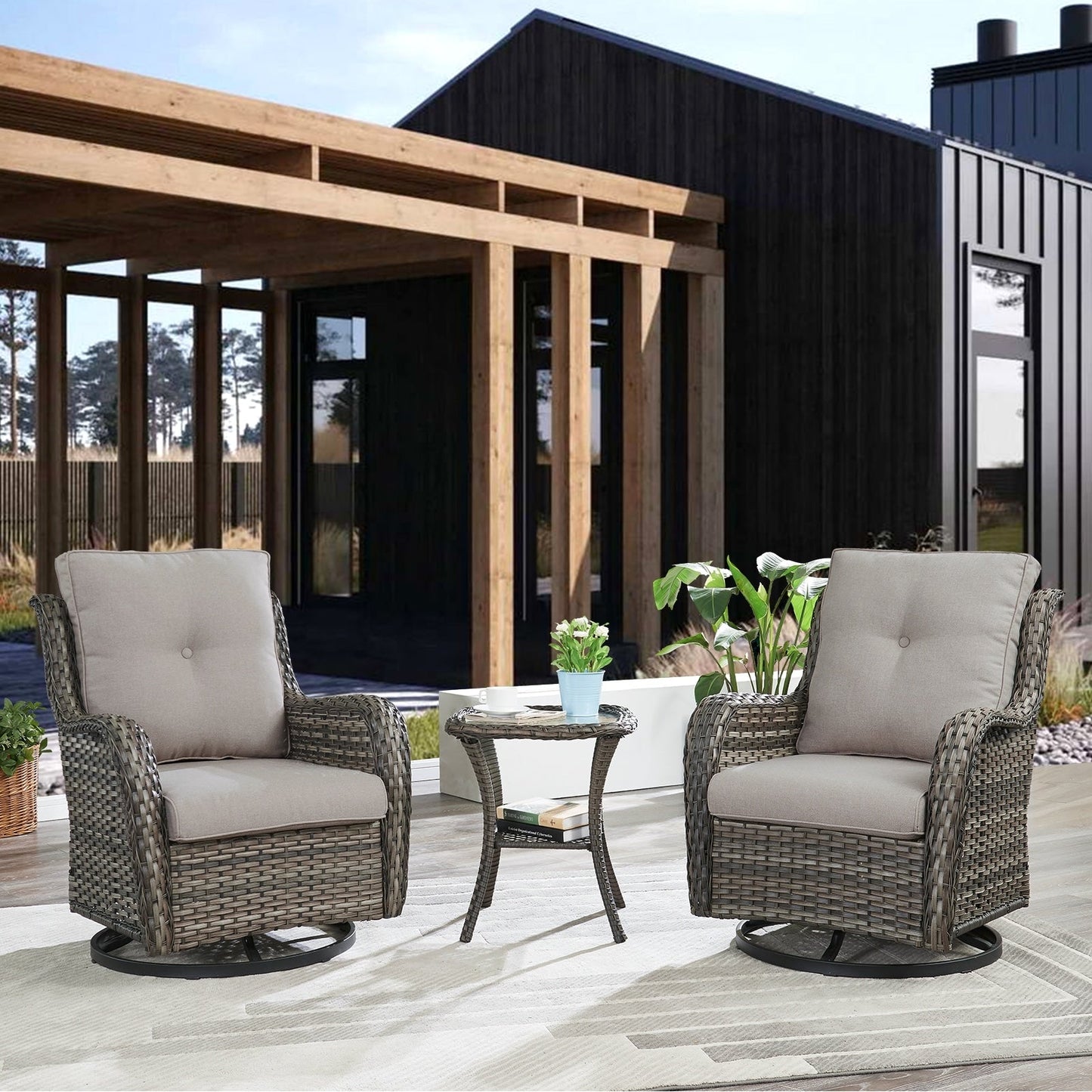 Gymojoy Ensemble de 3 pièces en rotin pour extérieur, chaise basculante pivotante avec coussin et table.