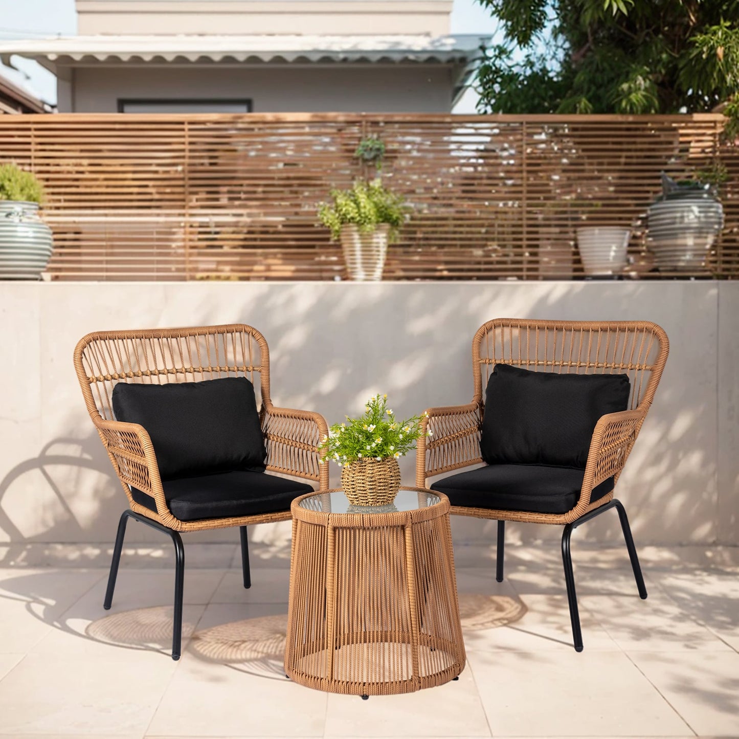 3 Piece Outdoor Wicker Conversation Bistro Set, All-Weather Rattan Furniture Patio Chairs Set with Cushions