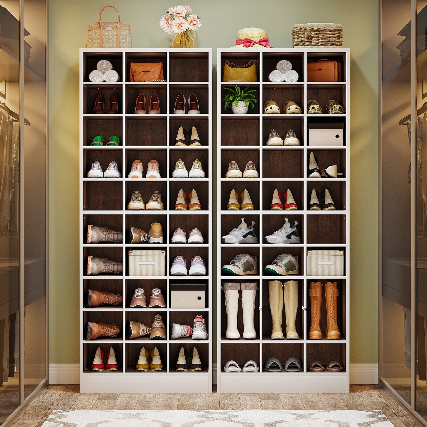 Meuble à chaussures haut pour 30 paires, étagère à chaussures en bois blanc à 10 niveaux pour placard, entrée - 10 niveaux