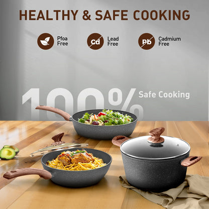 Ensemble de cuisine 30 pièces en granit, comprenant des casseroles et des poêles antiadhésives.