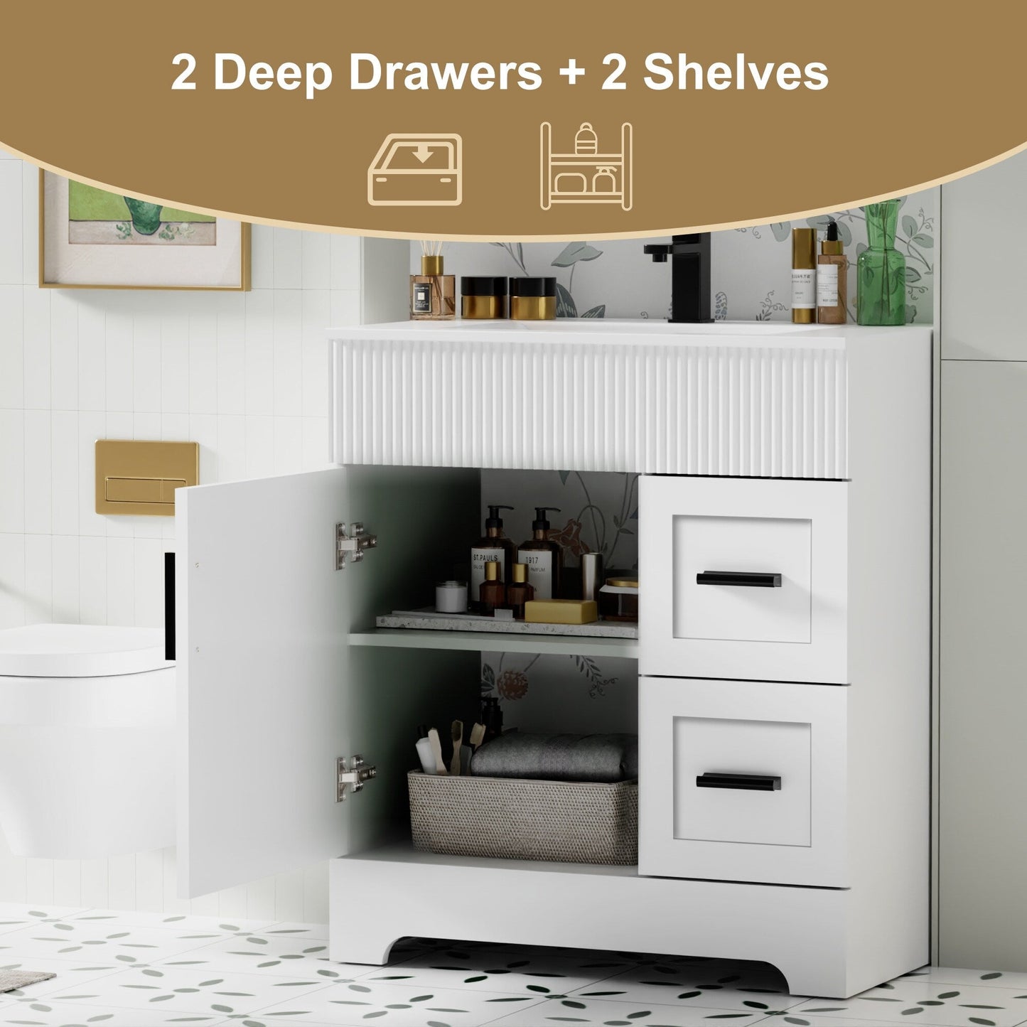 Ensemble de meuble-lavabo ondulé pour salle de bain, 30/36/48 pouces, avec lavabo et robinet.