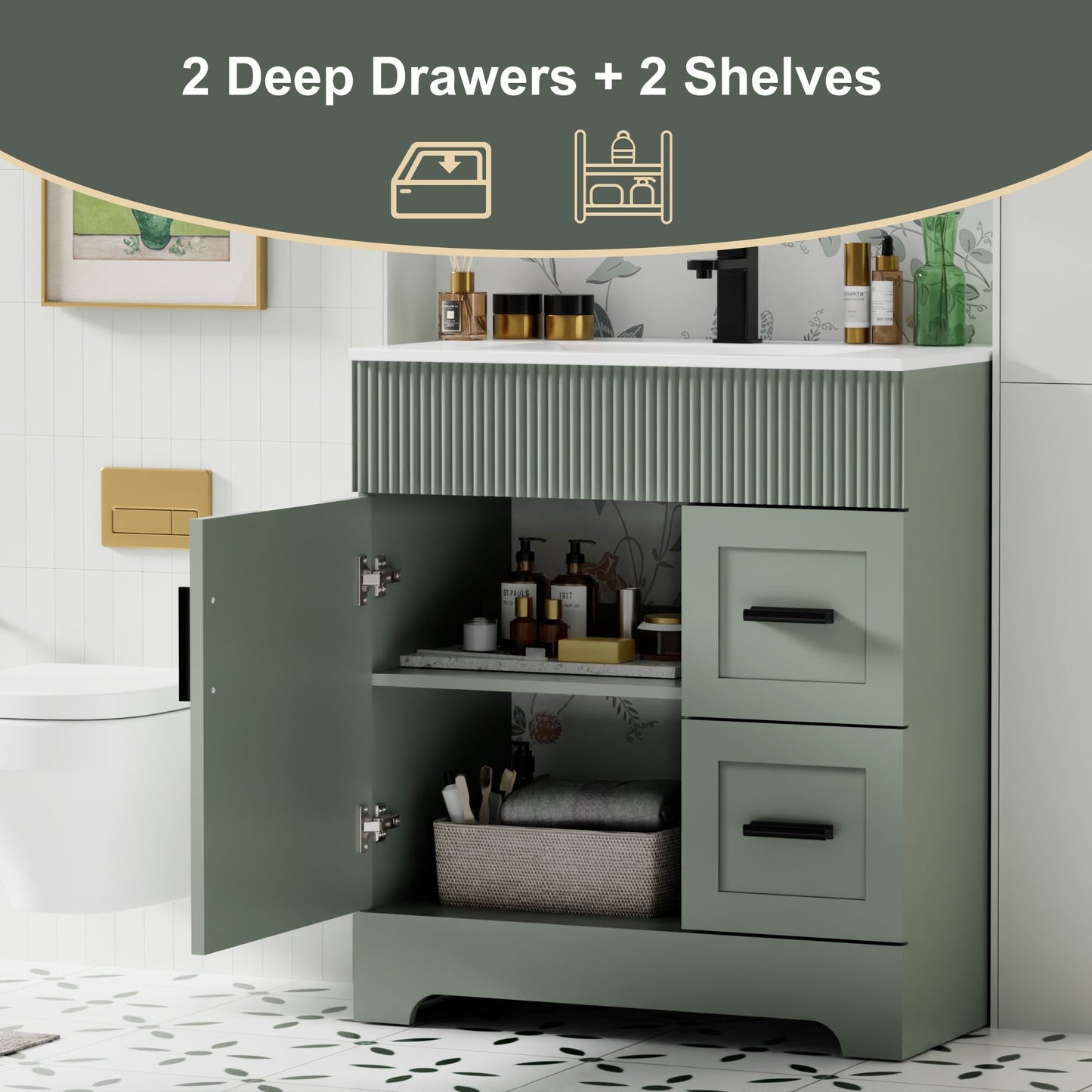 Ensemble de meuble-lavabo ondulé pour salle de bain, 30/36/48 pouces, avec lavabo et robinet.