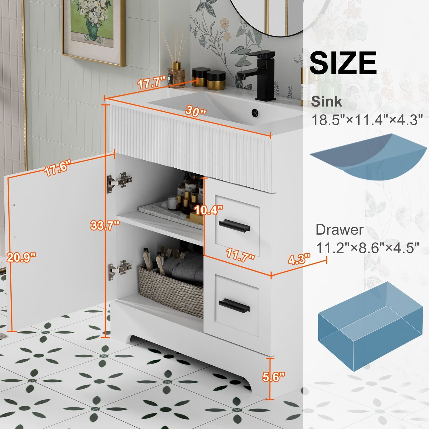 Ensemble de meuble-lavabo ondulé pour salle de bain, 30/36/48 pouces, avec lavabo et robinet.