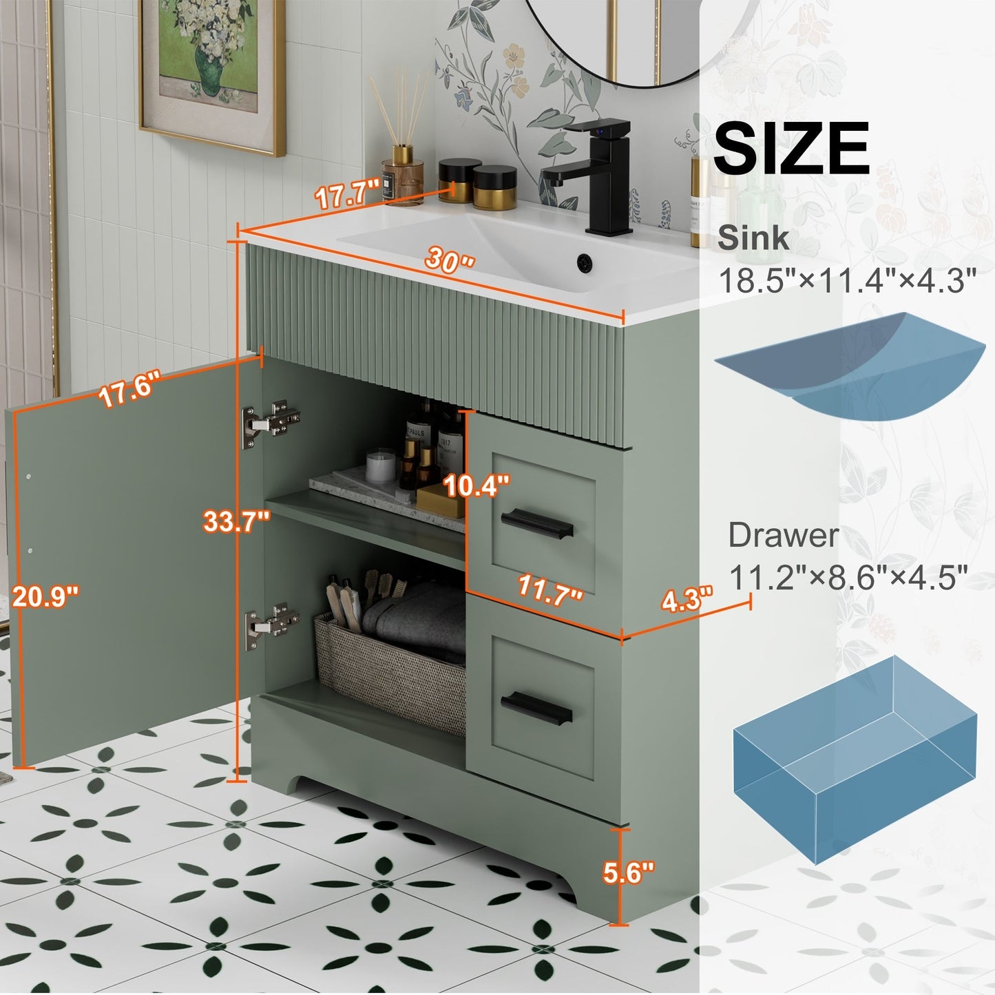 Ensemble de meuble-lavabo ondulé pour salle de bain, 30/36/48 pouces, avec lavabo et robinet.