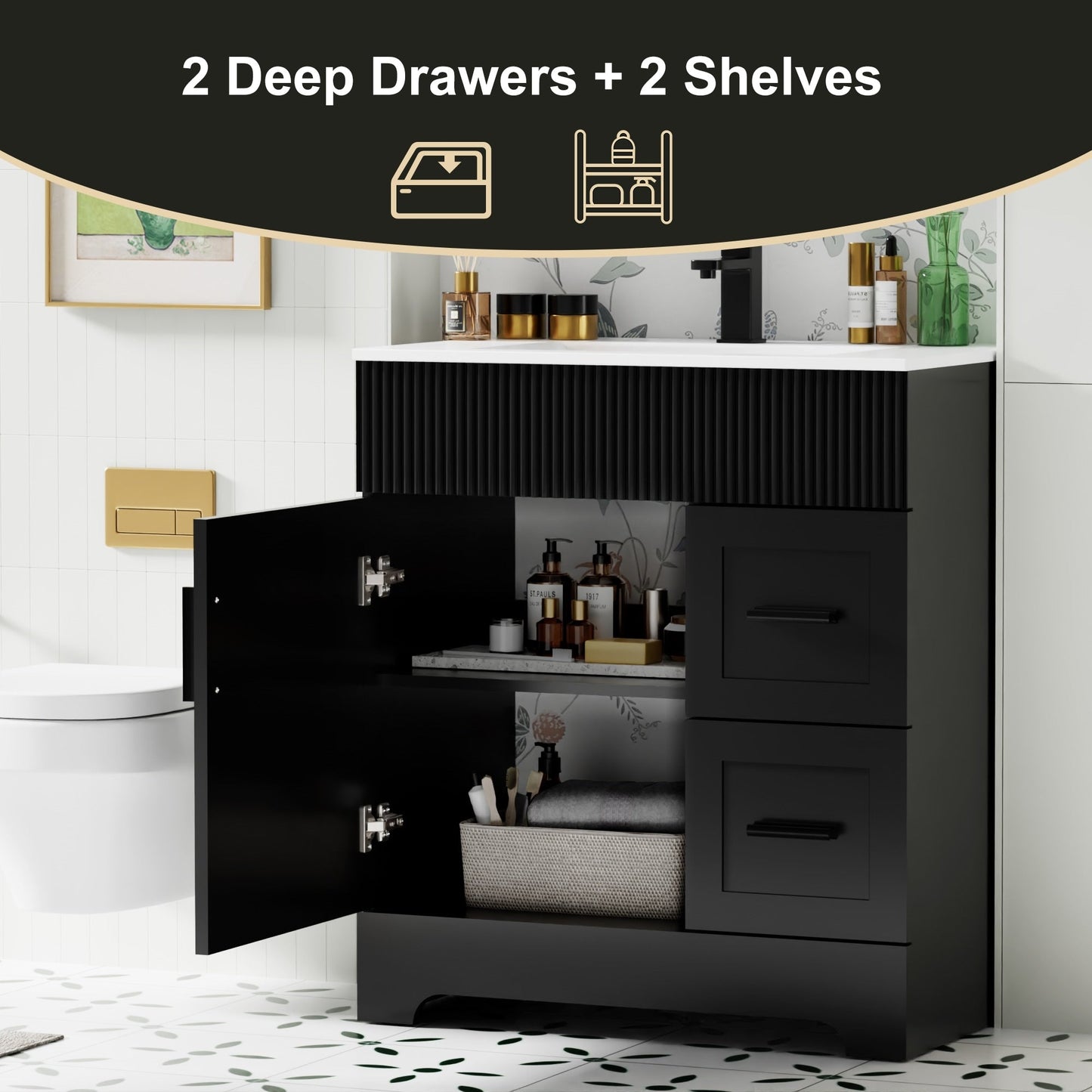 Ensemble de meuble-lavabo ondulé pour salle de bain, 30/36/48 pouces, avec lavabo et robinet.