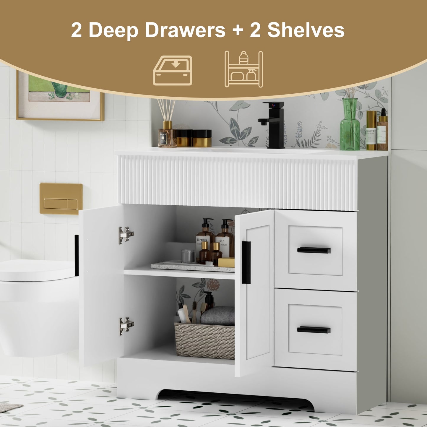 Ensemble de meuble-lavabo ondulé pour salle de bain, 30/36/48 pouces, avec lavabo et robinet.