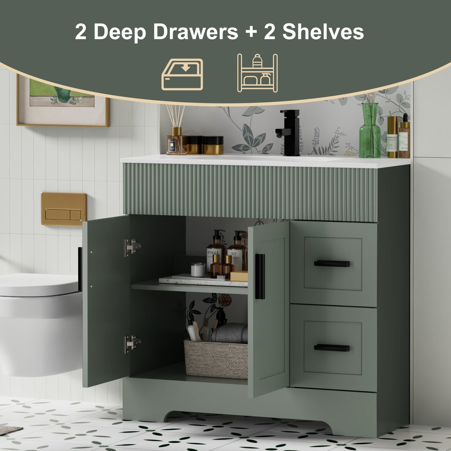 Ensemble de meuble-lavabo ondulé pour salle de bain, 30/36/48 pouces, avec lavabo et robinet.