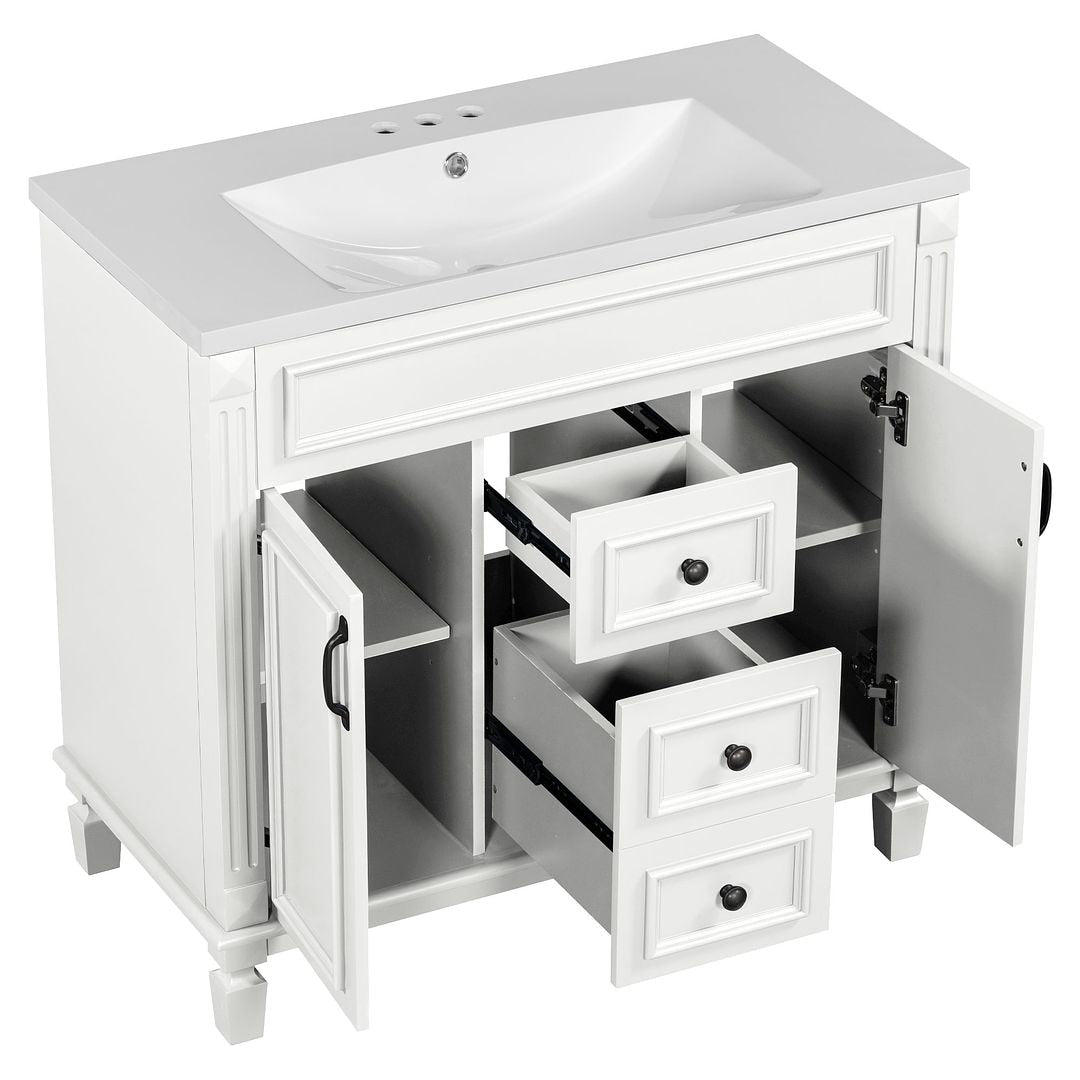 Meuble-lavabo moderne de 91 cm (36 pouces) pour salle de bain avec lavabo intégré et armoire à miroir, 2 portes et 2 tiroirs