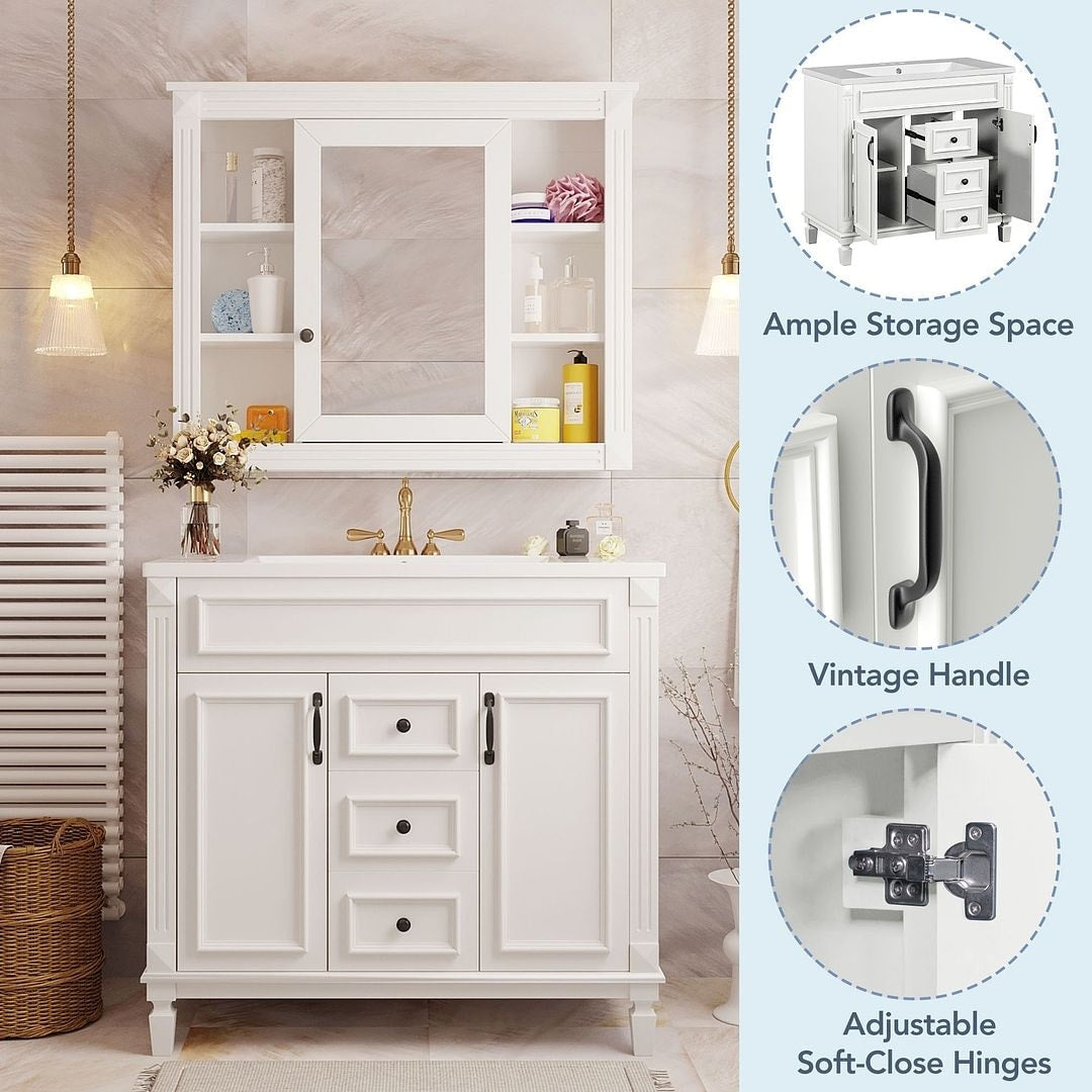 Meuble-lavabo moderne de 91 cm (36 pouces) pour salle de bain avec lavabo intégré et armoire à miroir, 2 portes et 2 tiroirs