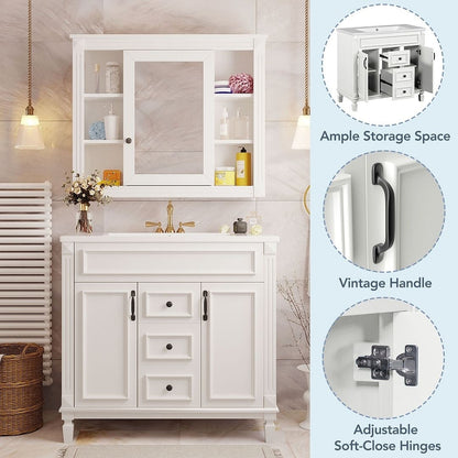Meuble-lavabo moderne de 91 cm (36 pouces) pour salle de bain avec lavabo intégré et armoire à miroir, 2 portes et 2 tiroirs