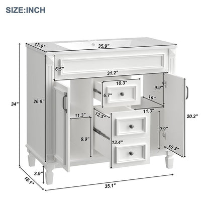 Meuble-lavabo moderne de 91 cm (36 pouces) pour salle de bain avec lavabo intégré et armoire à miroir, 2 portes et 2 tiroirs