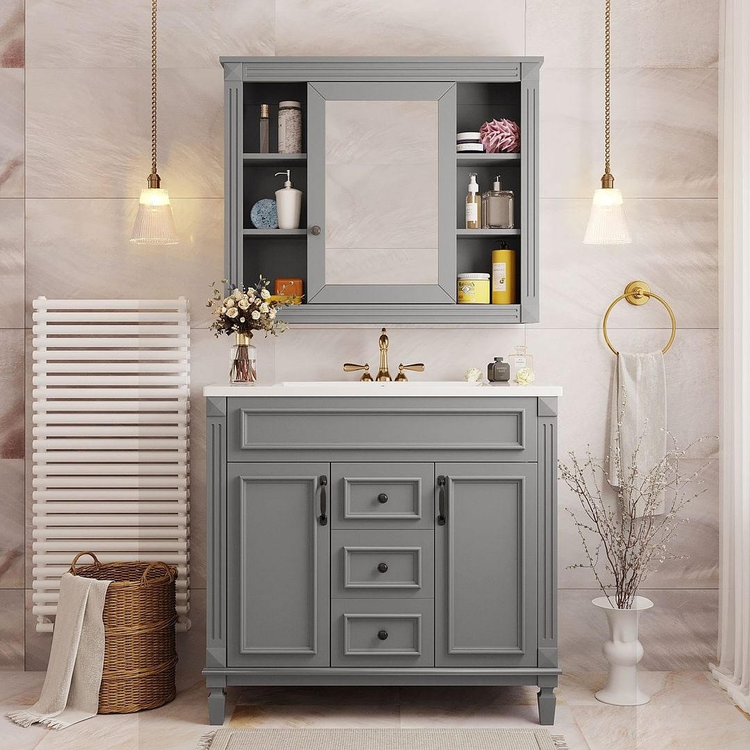 Meuble-lavabo moderne de 91 cm (36 pouces) pour salle de bain avec lavabo intégré et armoire à miroir, 2 portes et 2 tiroirs