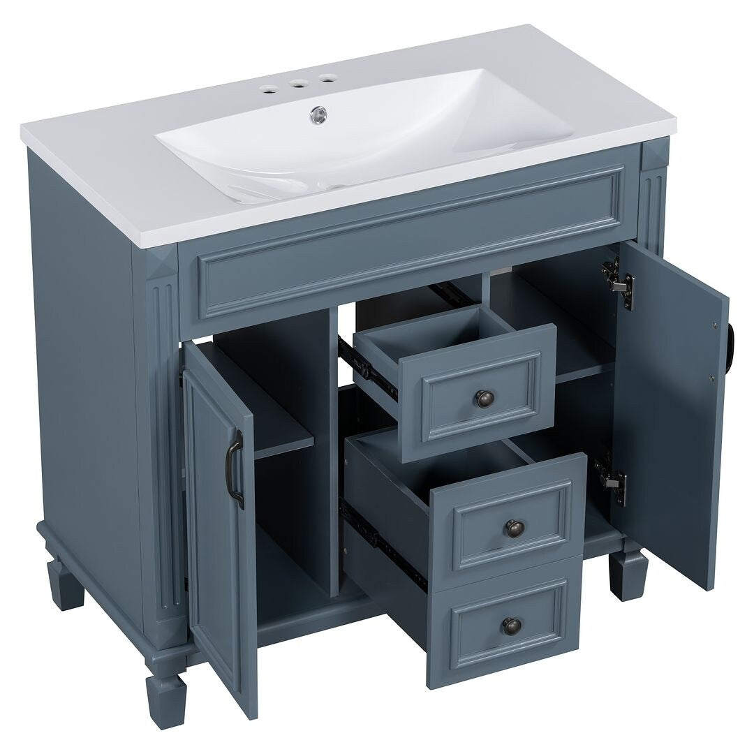Meuble-lavabo moderne de 91 cm (36 pouces) pour salle de bain avec lavabo intégré et armoire à miroir, 2 portes et 2 tiroirs