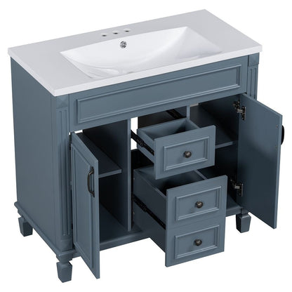 Meuble-lavabo moderne de 91 cm (36 pouces) pour salle de bain avec lavabo intégré et armoire à miroir, 2 portes et 2 tiroirs