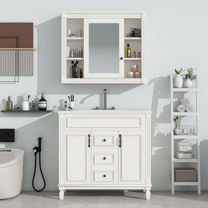 Meuble-lavabo moderne de 91 cm (36 pouces) pour salle de bain avec lavabo intégré et armoire à miroir, 2 portes et 2 tiroirs