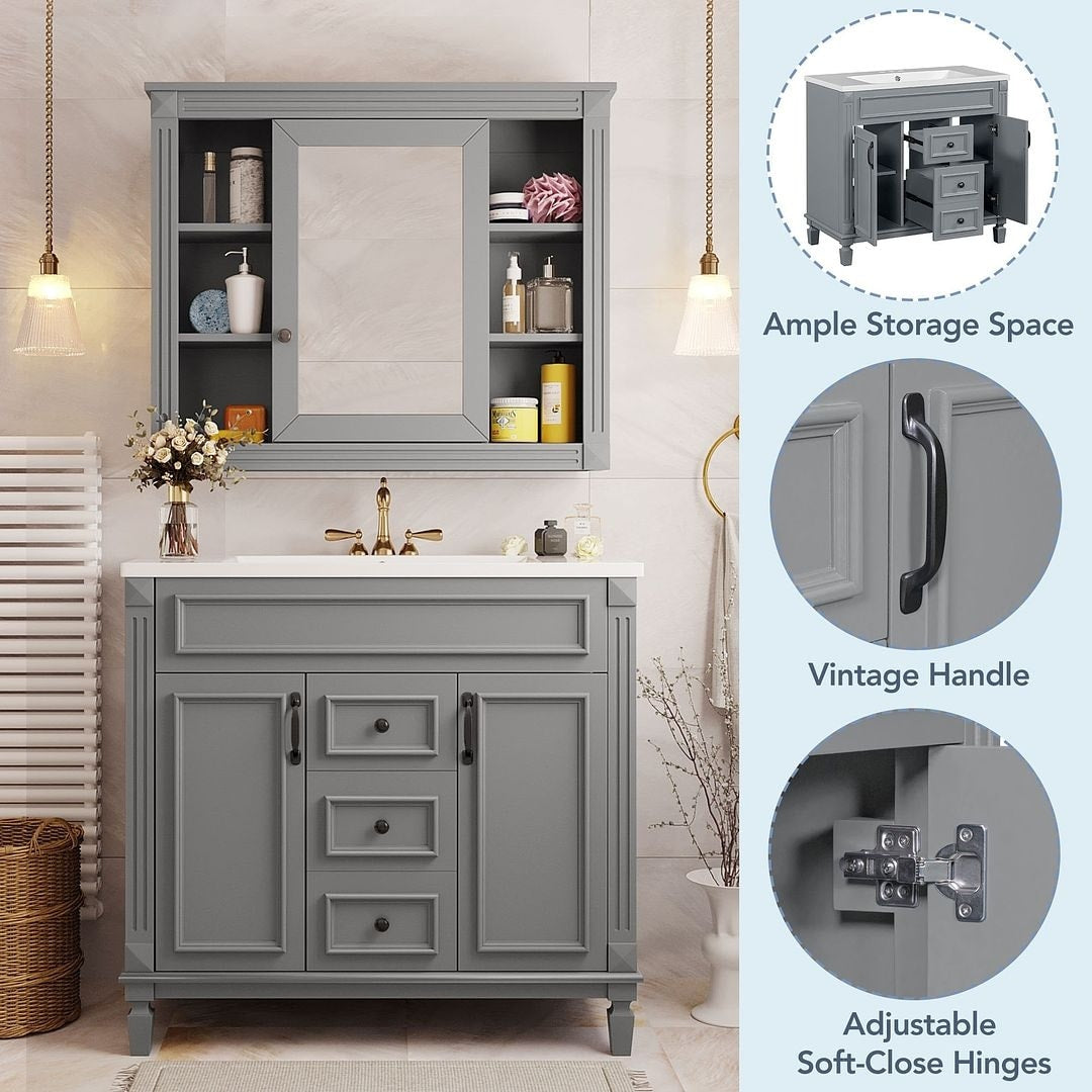 Meuble-lavabo moderne de 91 cm (36 pouces) pour salle de bain avec lavabo intégré et armoire à miroir, 2 portes et 2 tiroirs