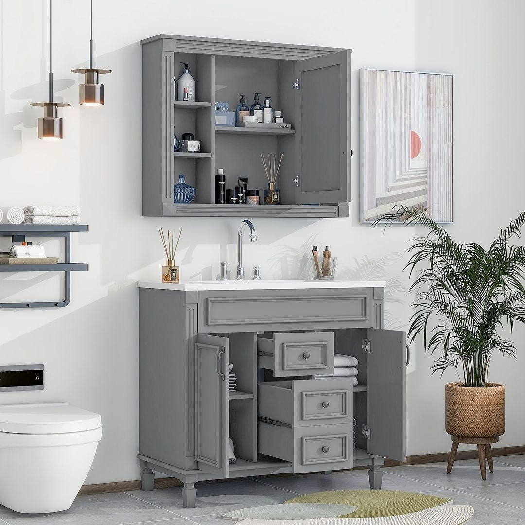 Meuble-lavabo moderne de 91 cm (36 pouces) pour salle de bain avec lavabo intégré et armoire à miroir, 2 portes et 2 tiroirs