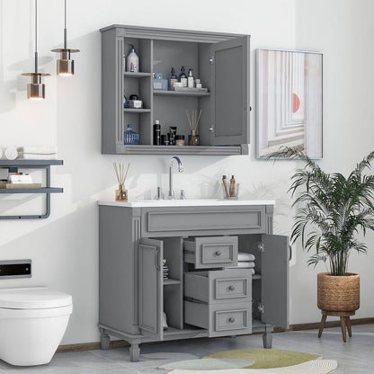 Meuble-lavabo moderne de 91 cm (36 pouces) pour salle de bain avec lavabo intégré et armoire à miroir, 2 portes et 2 tiroirs