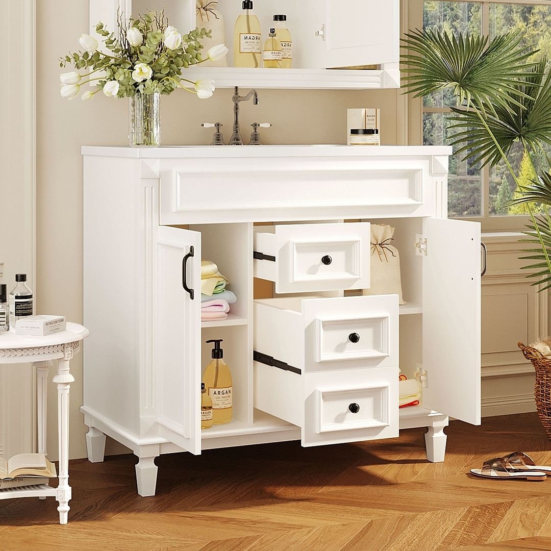 Meuble-lavabo moderne de 91 cm (36 pouces) pour salle de bain avec lavabo intégré et armoire à miroir, 2 portes et 2 tiroirs