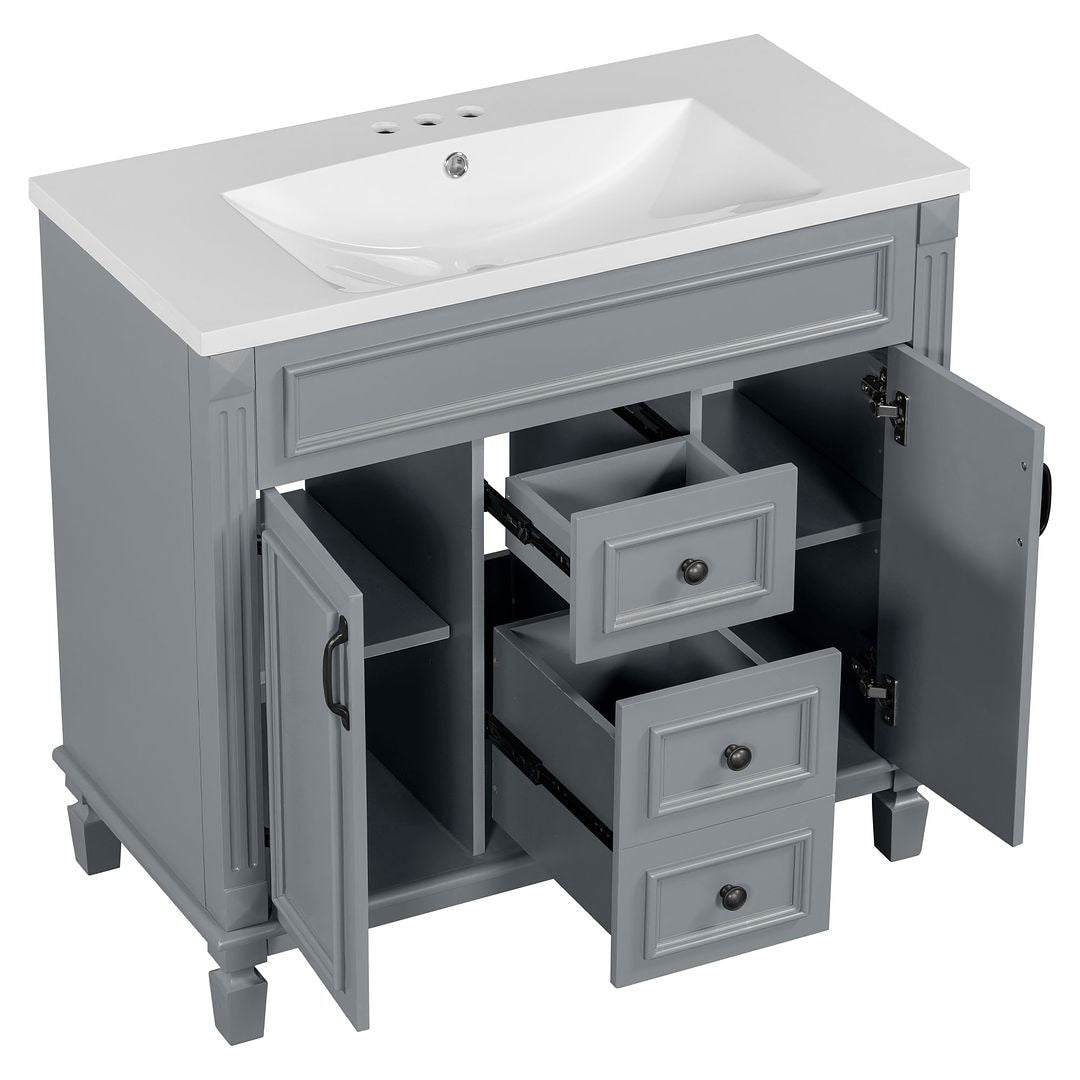 Meuble-lavabo moderne de 91 cm (36 pouces) pour salle de bain avec lavabo intégré et armoire à miroir, 2 portes et 2 tiroirs