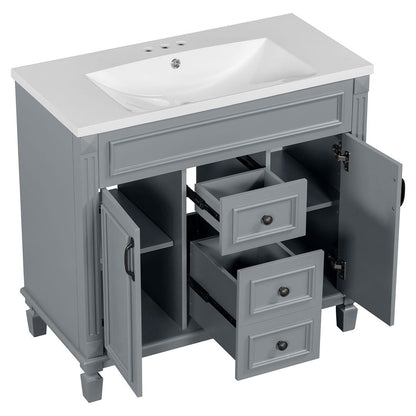 Meuble-lavabo moderne de 91 cm (36 pouces) pour salle de bain avec lavabo intégré et armoire à miroir, 2 portes et 2 tiroirs