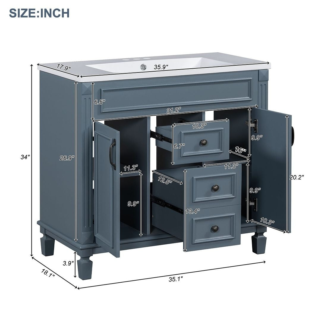 Meuble-lavabo moderne de 91 cm (36 pouces) pour salle de bain avec lavabo intégré et armoire à miroir, 2 portes et 2 tiroirs