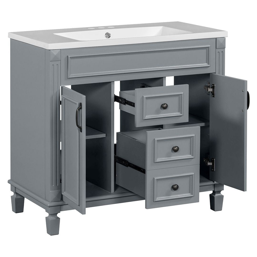 Meuble-lavabo moderne de 91 cm (36 pouces) pour salle de bain avec lavabo intégré et armoire à miroir, 2 portes et 2 tiroirs