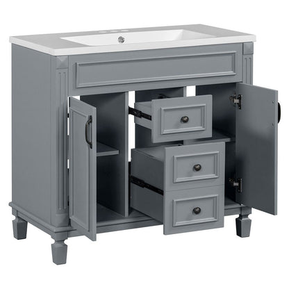 Meuble-lavabo moderne de 91 cm (36 pouces) pour salle de bain avec lavabo intégré et armoire à miroir, 2 portes et 2 tiroirs