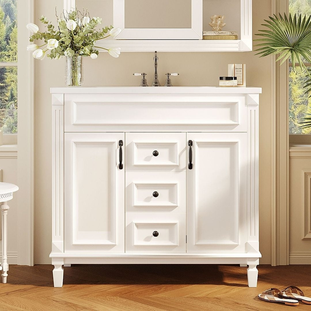 Meuble-lavabo moderne de 91 cm (36 pouces) pour salle de bain avec lavabo intégré et armoire à miroir, 2 portes et 2 tiroirs