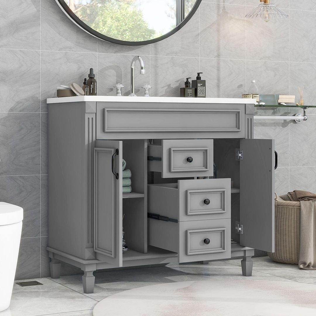 Meuble-lavabo moderne de 91 cm (36 pouces) pour salle de bain avec lavabo intégré et armoire à miroir, 2 portes et 2 tiroirs