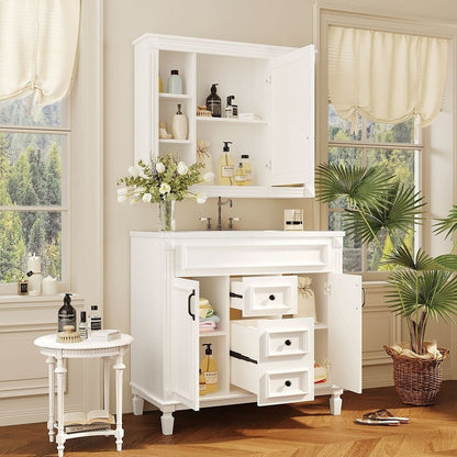 Meuble-lavabo moderne de 91 cm (36 pouces) pour salle de bain avec lavabo intégré et armoire à miroir, 2 portes et 2 tiroirs