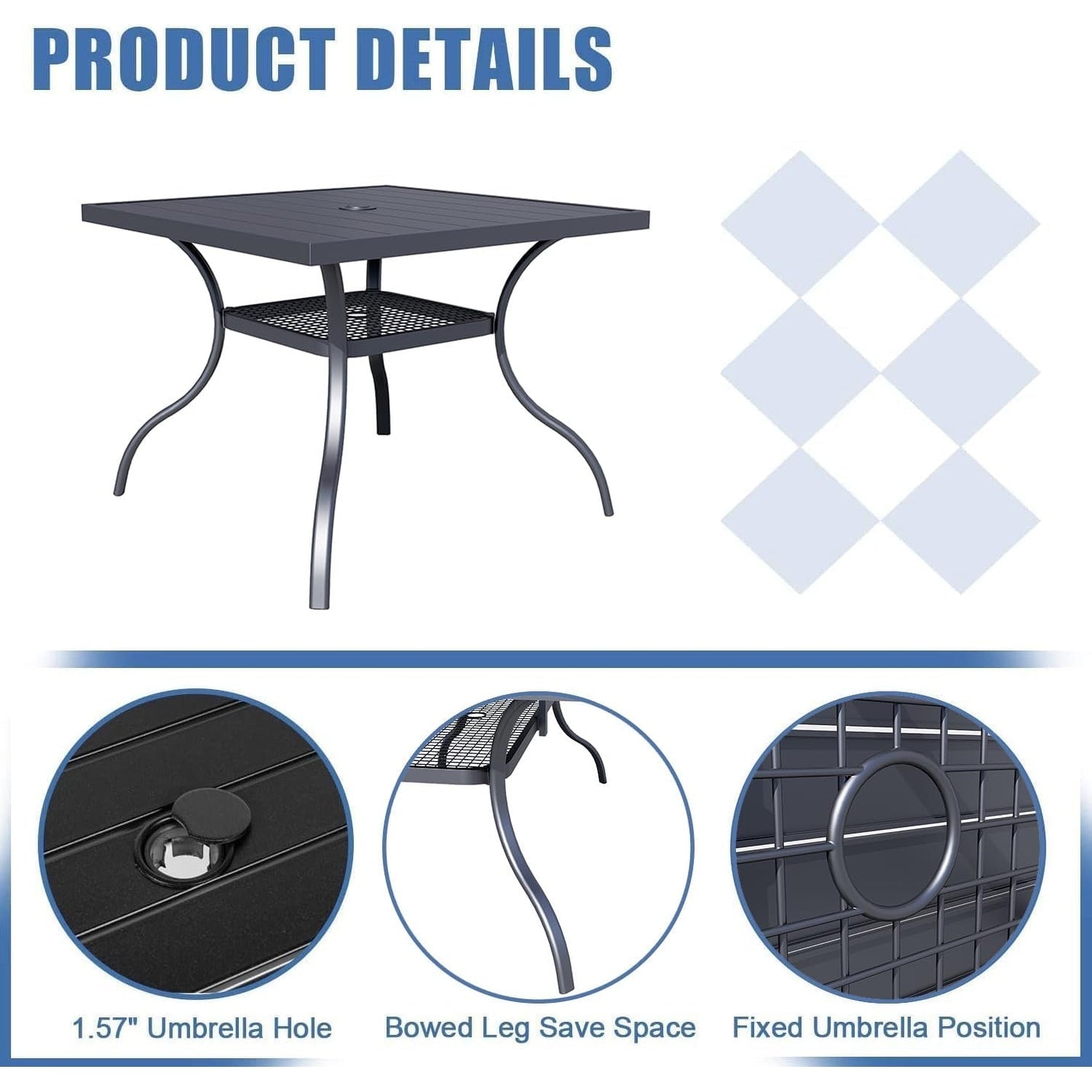 Table rectangulaire de salle à manger en métal à lattes pour extérieur, avec trou pour parasol, 60 x 37 pouces, pour 6 personnes