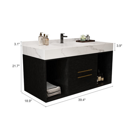 Meuble-lavabo suspendu de 39,4 pouces avec lavabo en céramique, meuble mural avec 2 tiroirs à fermeture amortie et plateau en ardoise blanche - 39'4 x 18'9