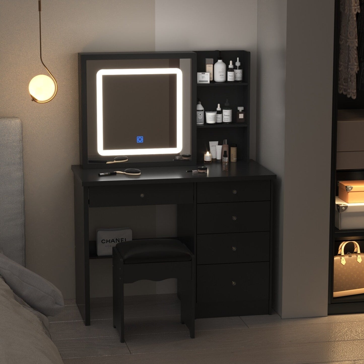 Ensemble de coiffeuse de maquillage de 99,5 cm de large avec tabouret et miroir