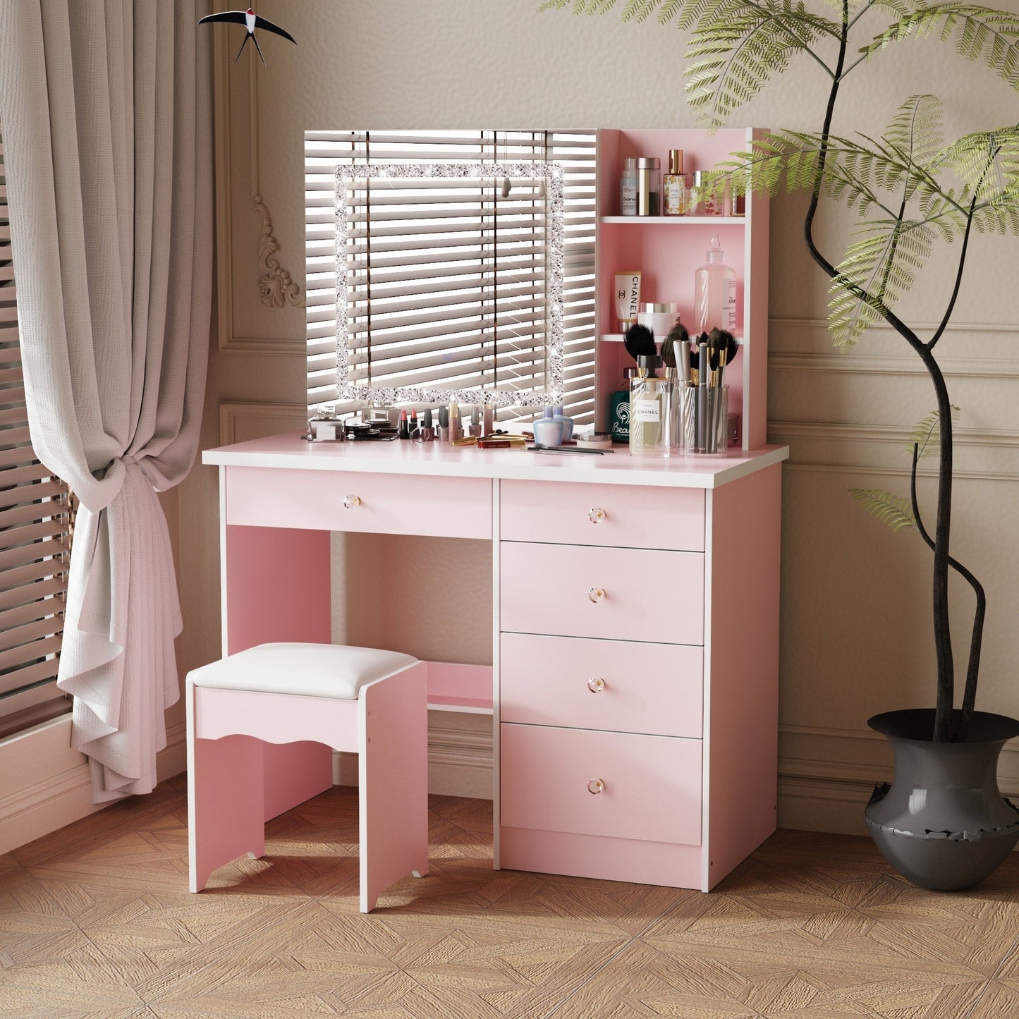 Ensemble de coiffeuse de maquillage de 99,5 cm de large avec tabouret et miroir
