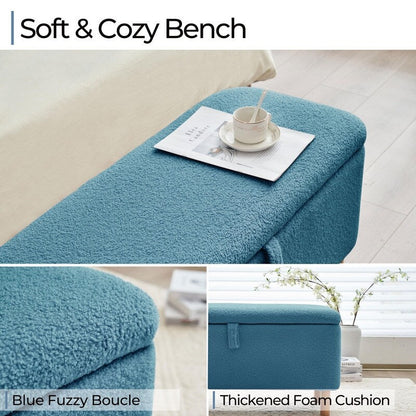 Tabouret de rangement en bouclé blanc cassé 39,5 pouces, pouf de rangement en sherpa, repose-pieds, pour salon, chambre à coucher, avec pieds en bois.