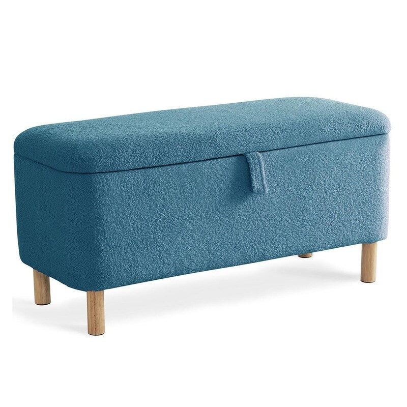 Tabouret de rangement en bouclé blanc cassé 39,5 pouces, pouf de rangement en sherpa, repose-pieds, pour salon, chambre à coucher, avec pieds en bois.