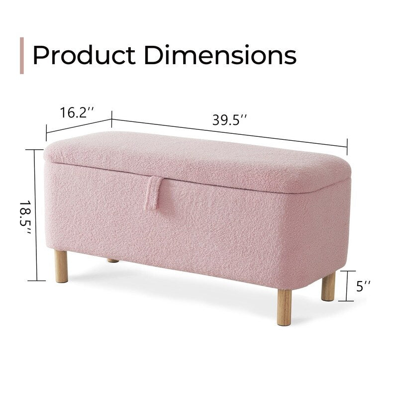Tabouret de rangement en bouclé blanc cassé 39,5 pouces, pouf de rangement en sherpa, repose-pieds, pour salon, chambre à coucher, avec pieds en bois.