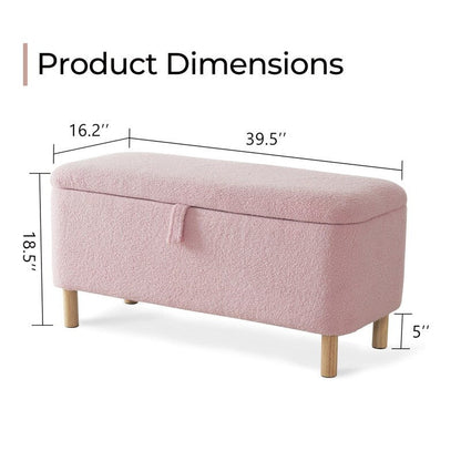Tabouret de rangement en bouclé blanc cassé 39,5 pouces, pouf de rangement en sherpa, repose-pieds, pour salon, chambre à coucher, avec pieds en bois.