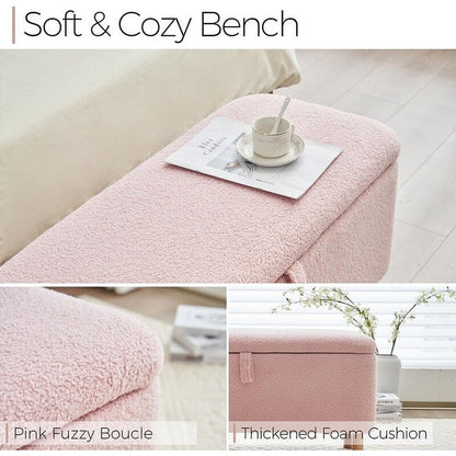 Tabouret de rangement en bouclé blanc cassé 39,5 pouces, pouf de rangement en sherpa, repose-pieds, pour salon, chambre à coucher, avec pieds en bois.