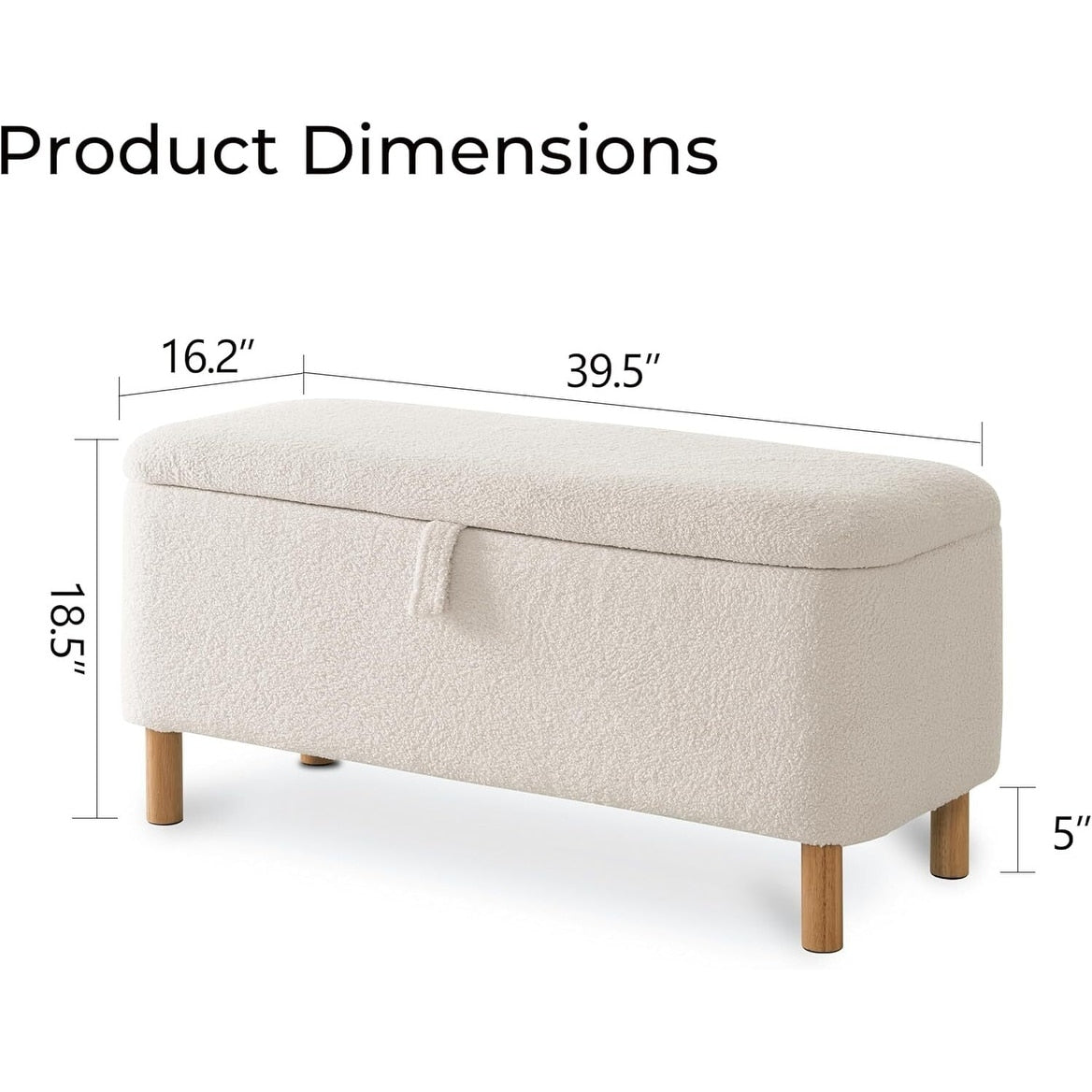 Tabouret de rangement en bouclé blanc cassé 39,5 pouces, pouf de rangement en sherpa, repose-pieds, pour salon, chambre à coucher, avec pieds en bois.