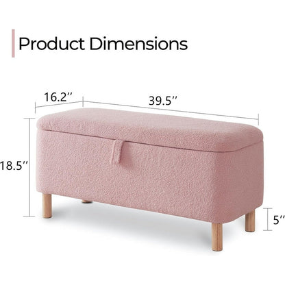 Tabouret de rangement en bouclé blanc cassé 39,5 pouces, pouf de rangement en sherpa, repose-pieds, pour salon, chambre à coucher, avec pieds en bois.