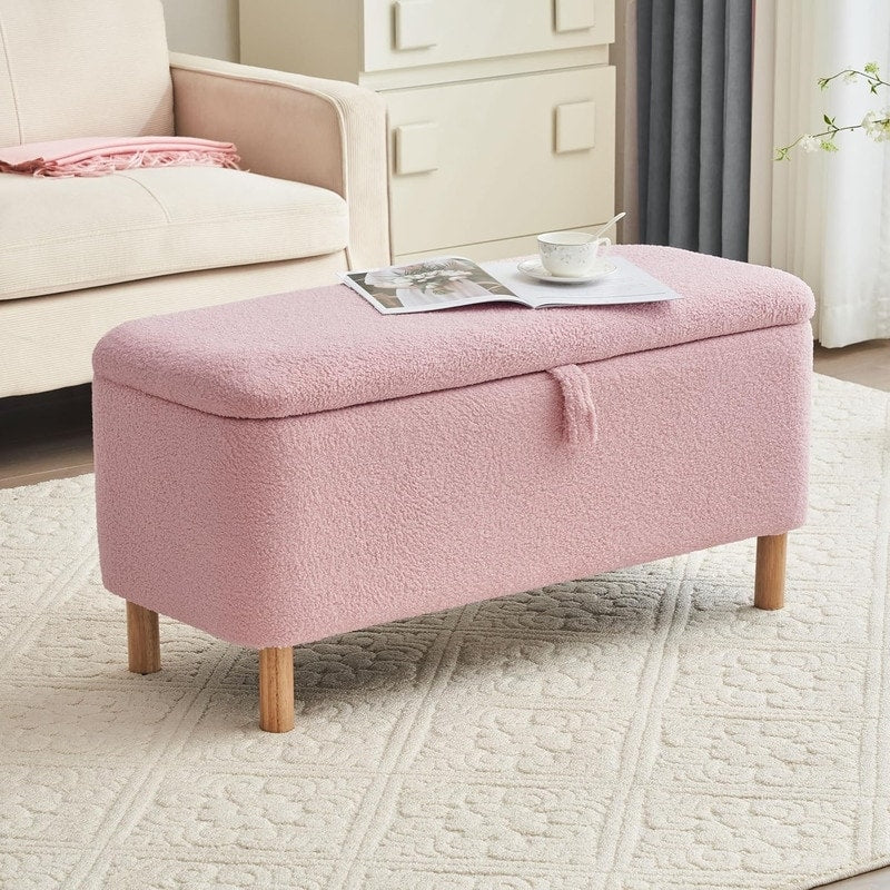 Tabouret de rangement en bouclé blanc cassé 39,5 pouces, pouf de rangement en sherpa, repose-pieds, pour salon, chambre à coucher, avec pieds en bois.