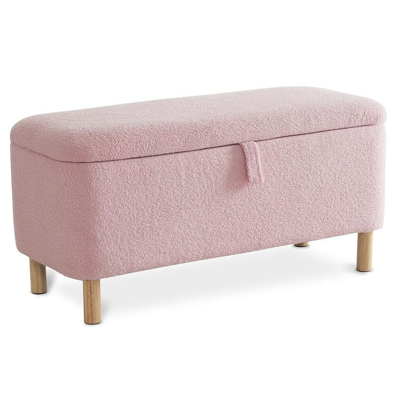 Tabouret de rangement en bouclé blanc cassé 39,5 pouces, pouf de rangement en sherpa, repose-pieds, pour salon, chambre à coucher, avec pieds en bois.