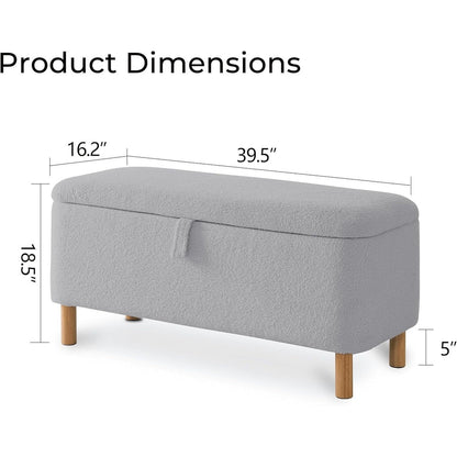 Tabouret de rangement en bouclé blanc cassé 39,5 pouces, pouf de rangement en sherpa, repose-pieds, pour salon, chambre à coucher, avec pieds en bois.