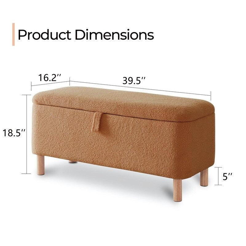 Tabouret de rangement en bouclé blanc cassé 39,5 pouces, pouf de rangement en sherpa, repose-pieds, pour salon, chambre à coucher, avec pieds en bois.