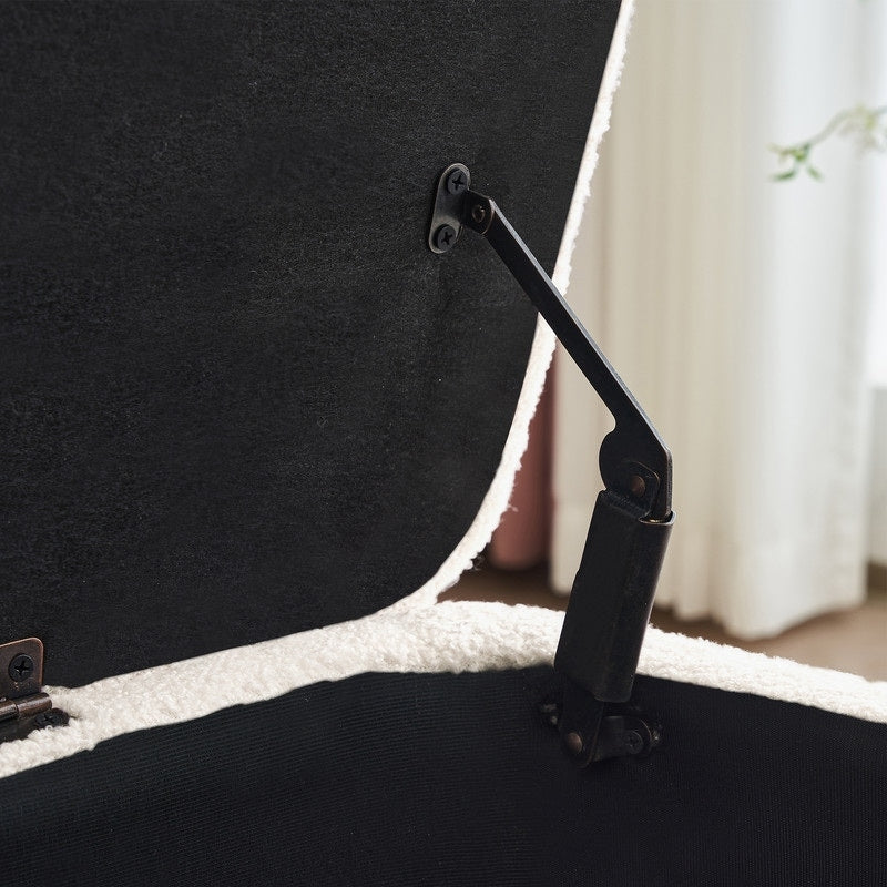 Tabouret de rangement en bouclé blanc cassé 39,5 pouces, pouf de rangement en sherpa, repose-pieds, pour salon, chambre à coucher, avec pieds en bois.