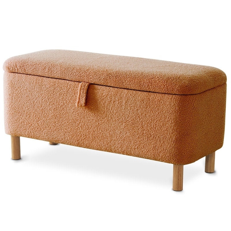 Tabouret de rangement en bouclé blanc cassé 39,5 pouces, pouf de rangement en sherpa, repose-pieds, pour salon, chambre à coucher, avec pieds en bois.