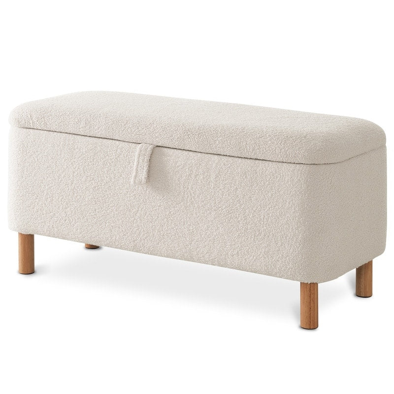 Tabouret de rangement en bouclé blanc cassé 39,5 pouces, pouf de rangement en sherpa, repose-pieds, pour salon, chambre à coucher, avec pieds en bois.