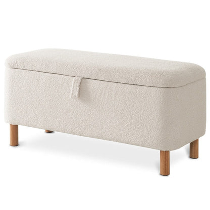 Tabouret de rangement en bouclé blanc cassé 39,5 pouces, pouf de rangement en sherpa, repose-pieds, pour salon, chambre à coucher, avec pieds en bois.